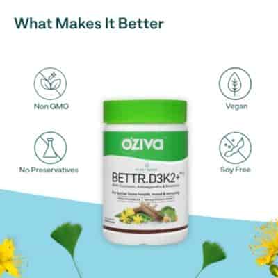 Buy Oziva Bettr D3K2+ Plant Based D3 K2 With Curcumin Ashwagandha & Rosemary For Anti Inflammation Mood & Immunity