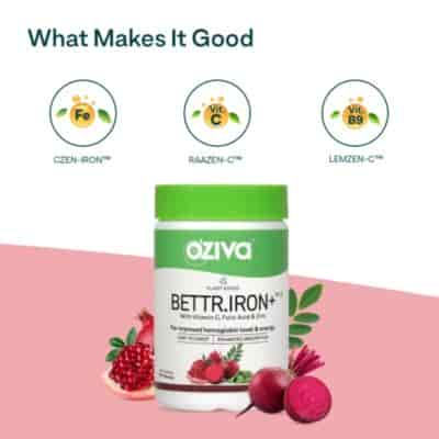 Buy Oziva Bettr Iron+ Plant Based Iron With Vitamin C Folic Acid & Zinc For Improved Hemoglobin & Oxygen Binding Capacity