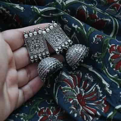 Buy Raw Essentials Oxidised Silver Jhumkis