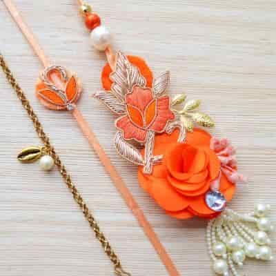 Buy Strands Bright Rose Flower Designer Rakhi and Lumba with Gold Plated Bracelet Gift for Brother