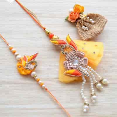 Buy Strands Eclectic Hand Embroidered Flower Lumba Rakhi with Tikka