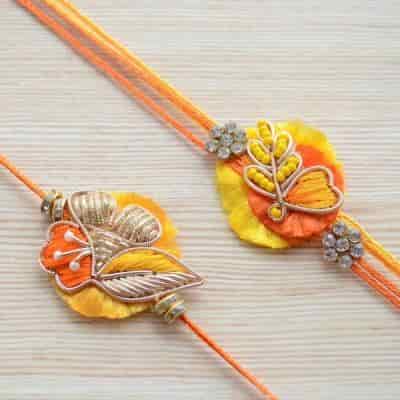 Buy Strands Marigold Inspired Saffron and Yellow Rakhi Set for Brother