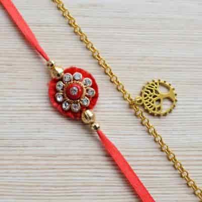 Buy Strands Set of 2 Rakhis Gold Plated Tree of Life Bracelet and Red Silk Rakhi