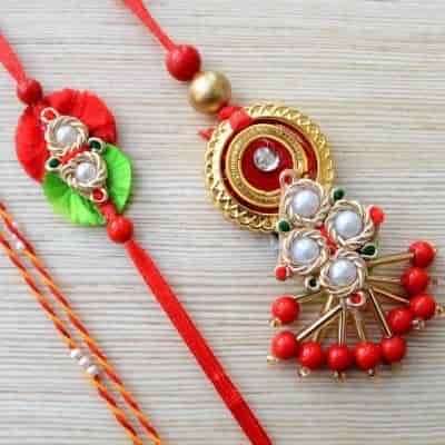 Buy Strands Traditional Pearls Gold Rakhi Lumba Mauli Red And Green Set Of 3