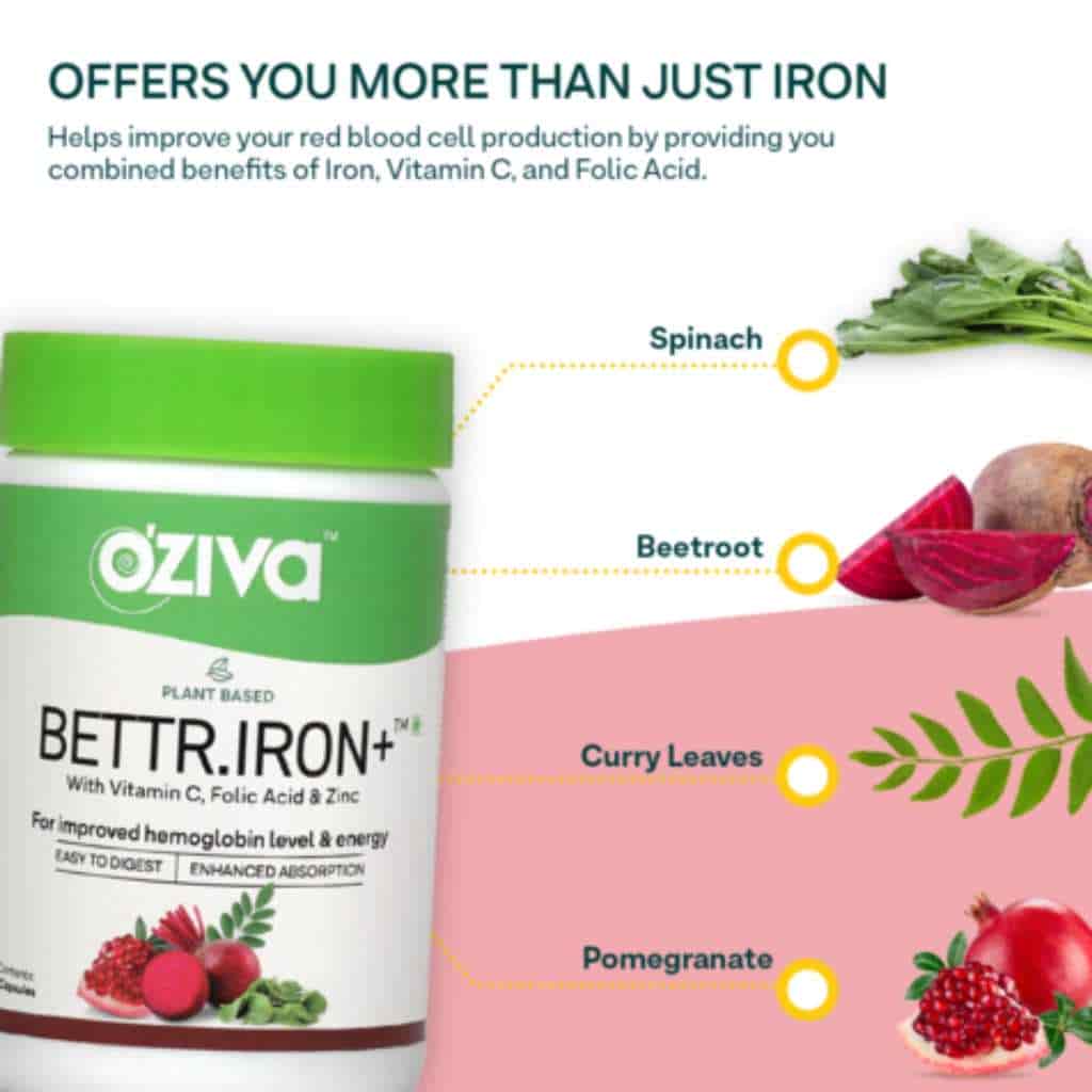 Oziva Bettr Iron+ Plant Based Iron With Vitamin C Folic Acid & Zinc For Improved Hemoglobin & Oxygen Binding Capacity