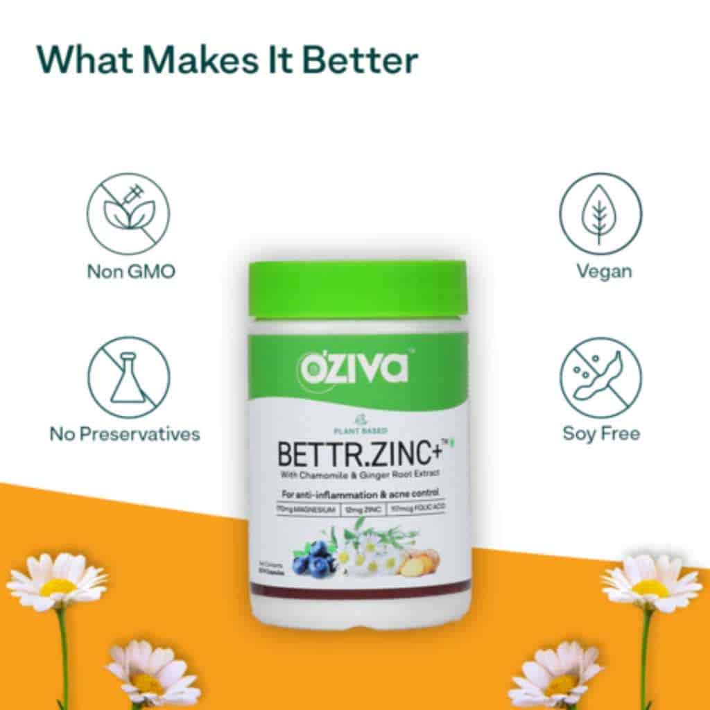 Oziva Bettr Zinc+ With Plant Based Zinc Magnesium & Ginger Root For Anti Inflammation Immunity & Acne Control