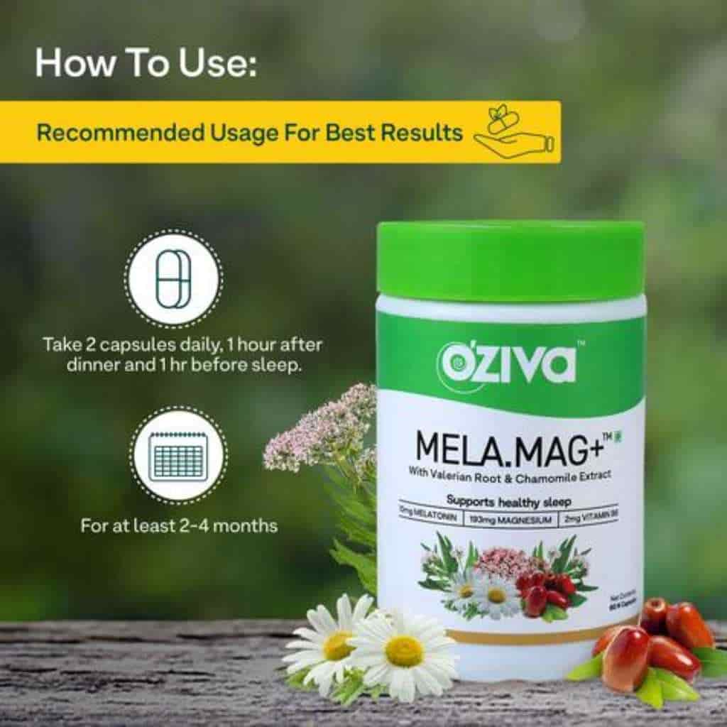 Oziva Mela Mag+ 10Mg Melatonin Magnesium Vitamin B6 With Valerian Root Chamomile Extract For Healthy & Deep Sleep