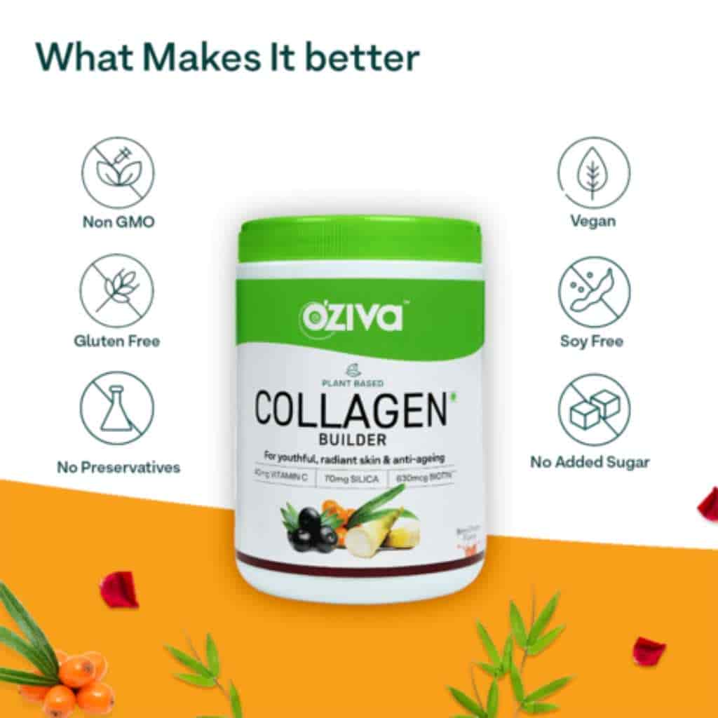 Oziva Plant Based Collagen Builder With Silica Vitamin C Biotin For Anti Ageing Beauty - 250 Grams
