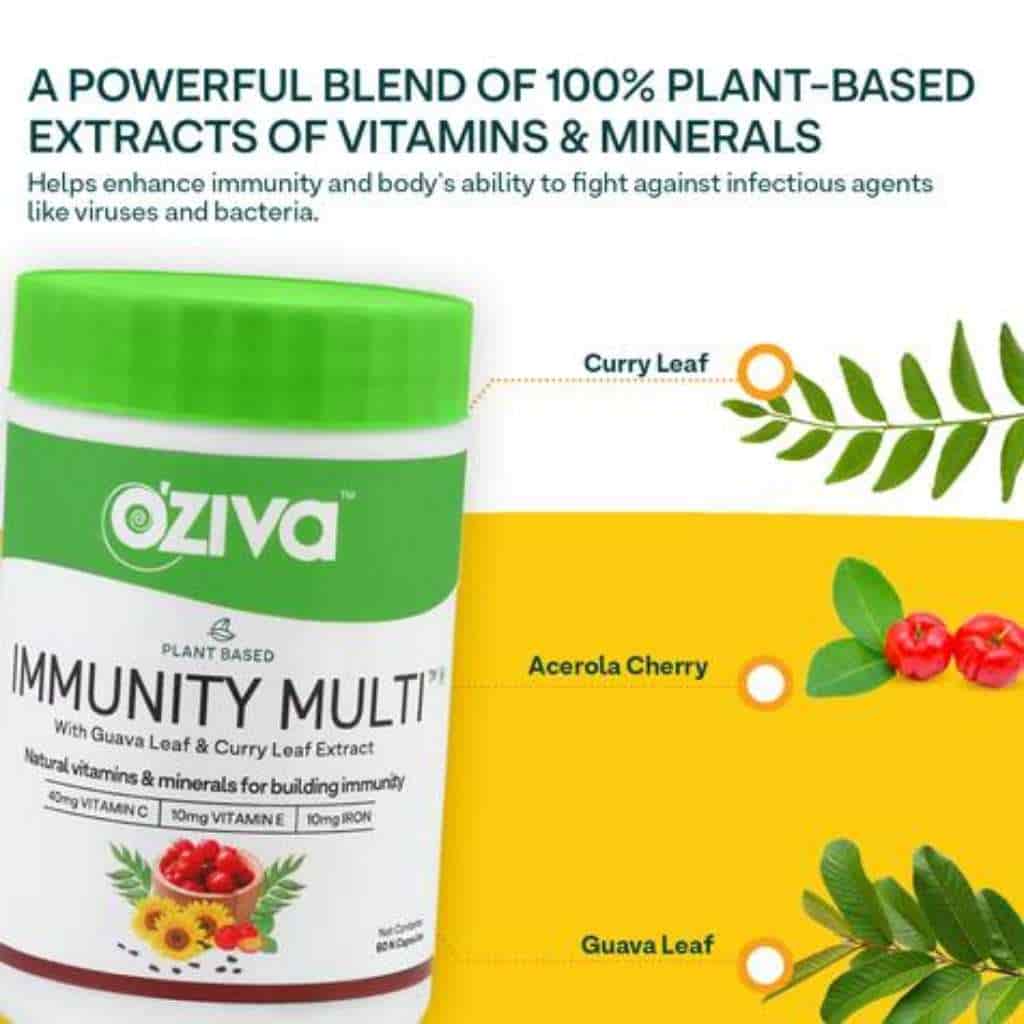 Oziva Plant Based Immunity Multi With Vitamins A C D3 E, Minerals Iron Zinc Guava Leaf Curry Leaf Extracts
