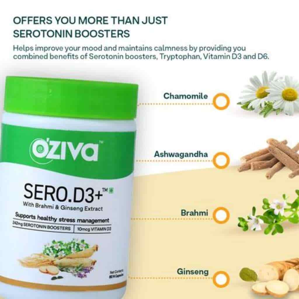 Oziva Sero D3+ Serotonin Boosters With Vitamin D3 Brahmi & Ginseng Extract For Stress & Anxiety Relief