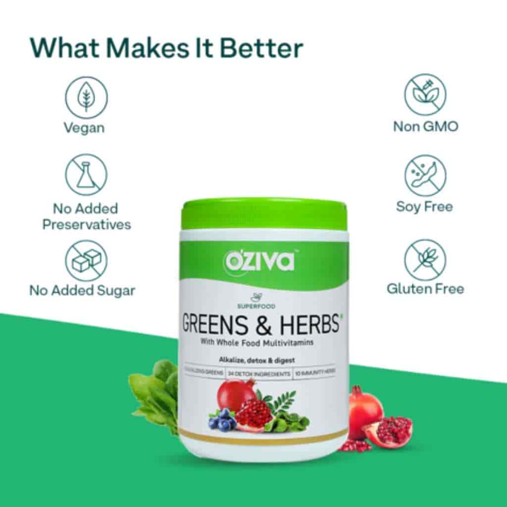 Oziva Superfood Greens & Herbs Supergreens Powder With Chlorella Spirulina For Acne & Detox