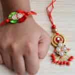 Strands Traditional Pearls Gold Rakhi Lumba Mauli Red And Green Set Of 3