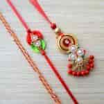 Strands Traditional Pearls Gold Rakhi Lumba Mauli Red And Green Set Of 3